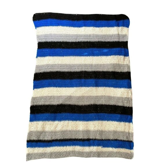 Vintage 70s Hand Crocheted Afghan Lap Throw Baby Blanket Blue Striped 80s Boho - Picture 1 of 9